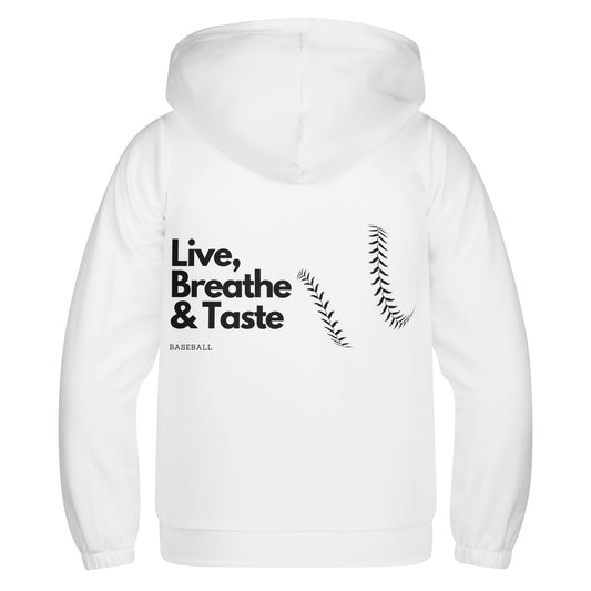 Maverick Youth Zip-up Live Breathe Taste Baseball Hoodie- White