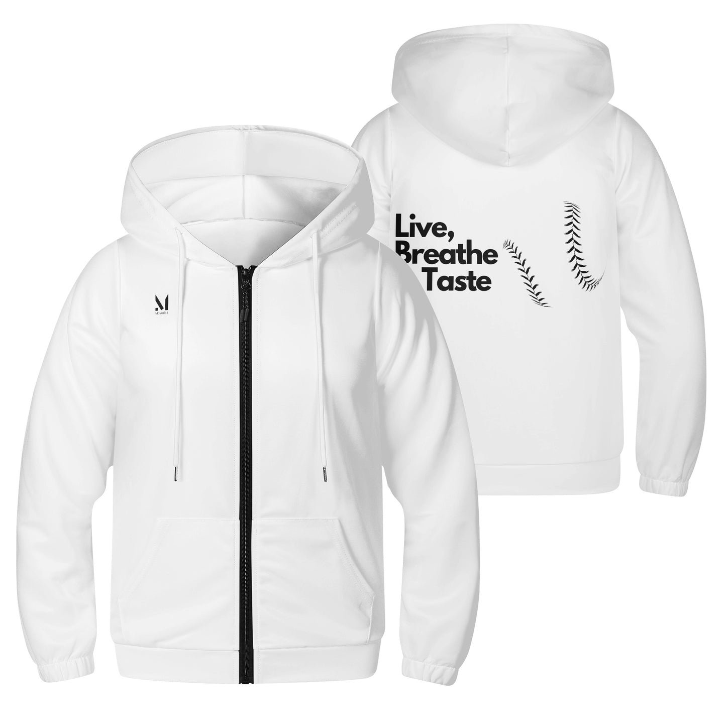 Maverick Youth Zip-up Live Breathe Taste Baseball Hoodie- White