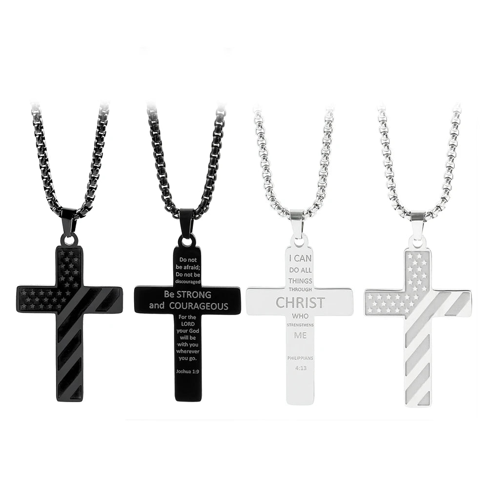 American Flag Cross Necklace - Inspirational Bible Verse